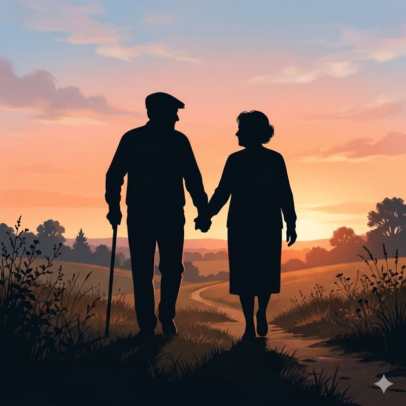 Silhouette of an elderly couple holding hands at sunset